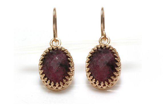 Rose Gold Earrings · Oval Earrings · Gemstone Earrings · Rhodonite Earrings · Vintage Earrings · Pink Gold Earrings