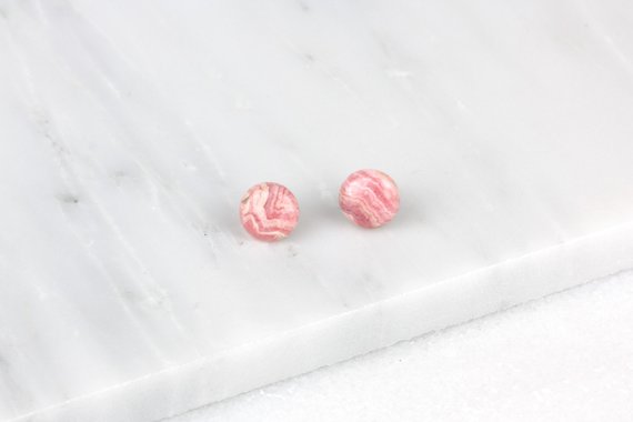 Rhodonite Earrings/ Pink Rhodonite Beads/ Dusty Pink Studs/ Pink Stud Earrings/ Pink Silver Earring