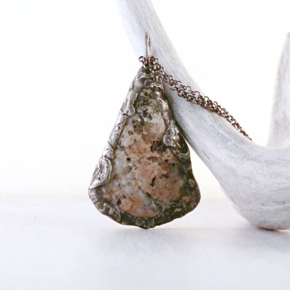 Pegmatite Pink Gray Boho Style Pendant Necklace  Blush Pink Healing Comforting Stone Amulet  Rustic Handmade Artisan Jewelry Gift For Her