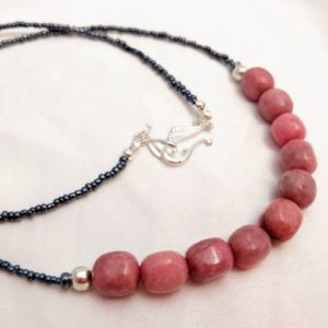 Shop Rhodonite Necklaces! Simple rhodonite necklace. Natural pink gemstone jewelry. Long length, great for layering. Silver plate accents. | Natural genuine Rhodonite necklaces. Buy crystal jewelry, handmade handcrafted artisan jewelry for women.  Unique handmade gift ideas. #jewelry #beadednecklaces #beadedjewelry #gift #shopping #handmadejewelry #fashion #style #product #necklaces #affiliate #ad