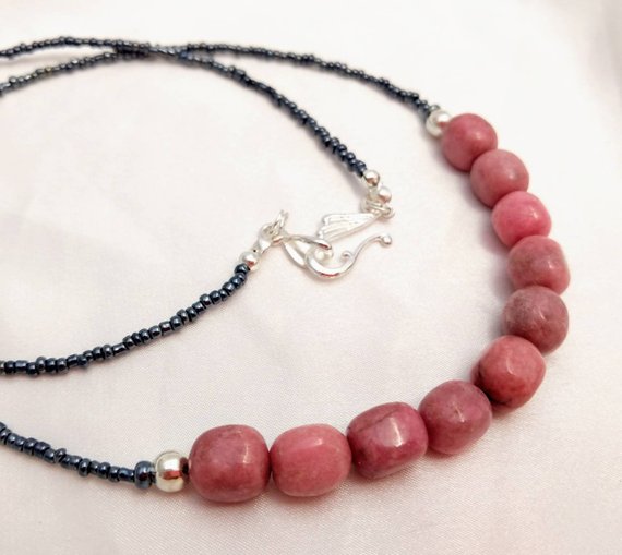 Simple Rhodonite Necklace. Natural Pink Gemstone Jewelry. Long Length, Great For Layering. Silver Plate Accents.
