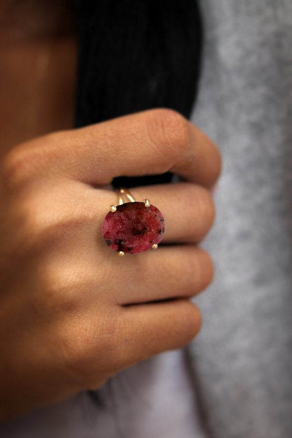Gold Statement Ring · Rhodonite Ring · Oval Ring · Gemstone Ring · Double Band Ring · 14k Gold Ring · Gold Stone Ring