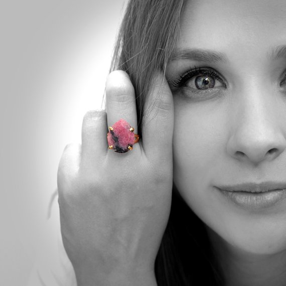 Rhodonite Ring · 14k Gold Ring · Solid Gold Ring · Gemstone Ring · Cocktail Rings · Semiprecious Ring · Teardrop Ring · Pink Ring For Women