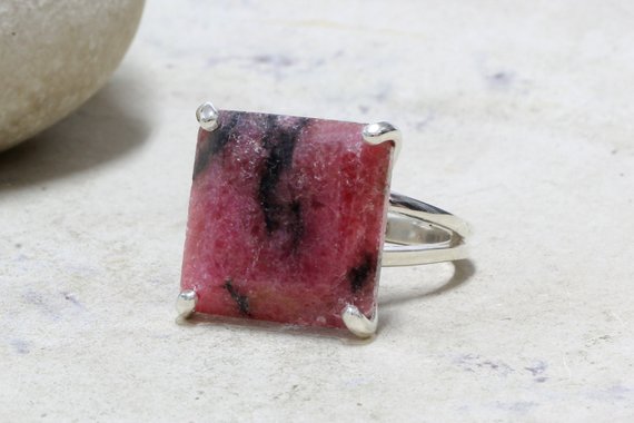 Sterling Silver Rhodonite Ring · Square Cut Ring · Semiprecious Raw Ring · Ring For Events · Birthday Statement Ring · Anniversary Gift