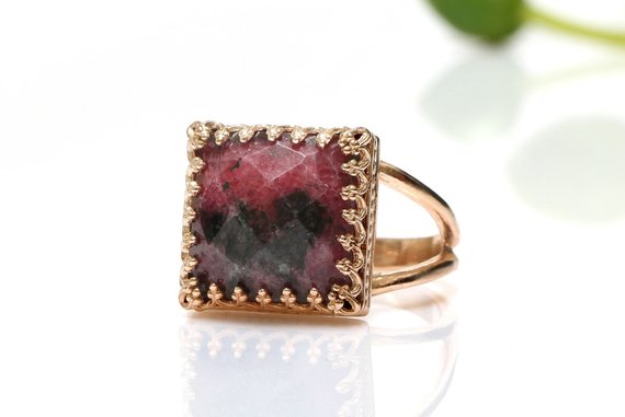 Rose Gold Ring · Rhodonite Ring · Gemstone Ring · Square Ring · Lace Ring · Prong Ring · Double Band Ring · Split Band Ring