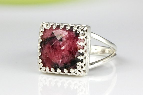 Rhodonite Ring · Square Ring · Silver Ring · Pink Ring · Gemstone Ring · Engagement Ring · Birthstone Ring