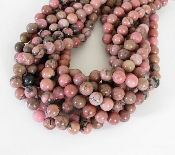 10mm Rhodonite Beads, 10mm Round Rhodonite Beads, Pink Gemstone Beads, Full Strand, Black And Pink, 15 Inch Strand, Rho212