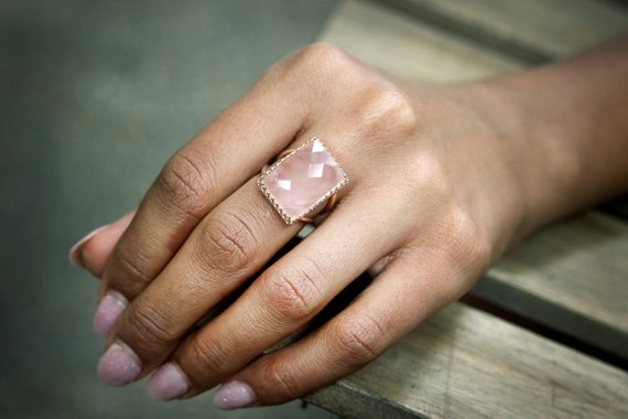 Rose Quartz Ring · Large Cocktail Ring · Rectangular Ring · Rose Gold Ring · Statement Ring · Gemstone Ring · Love Ring · Lovers Ring