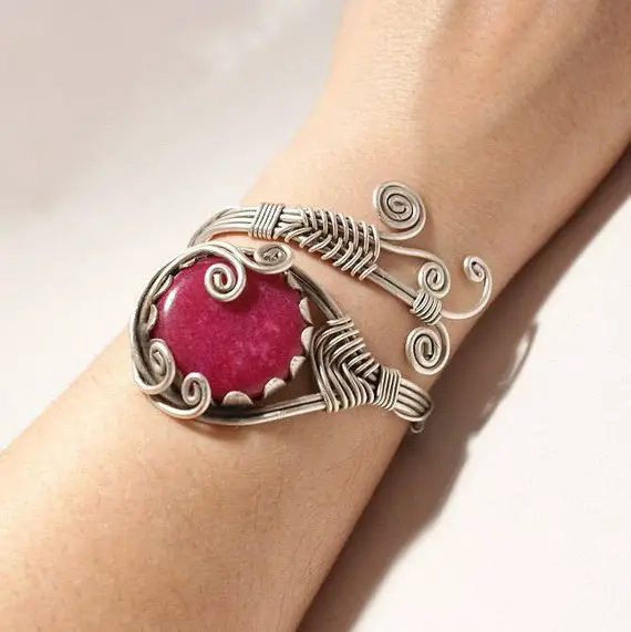 Ruby Bracelet Silver, Ruby Cuff Bracelet, Ruby Jewelry, Wire Wrapped Jewelry, Wire Wrapped Bracelet, Open Adjustable Bracelet