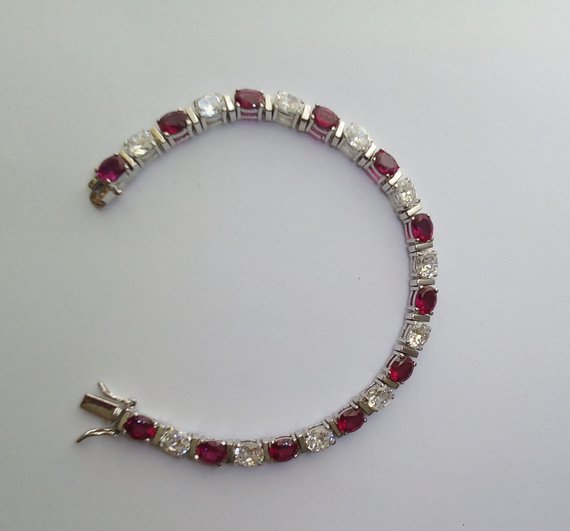 Red Clear Cz Bracelet Sterling Silver Cubic Zirconia Jewelry Gift Bar Link Bracelet 7 Inches