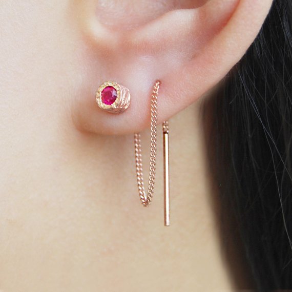 Pink Ruby Gold Chain Earrings Gold Threader Earrings July Birthstone Earrings Ruby Threader Earrings