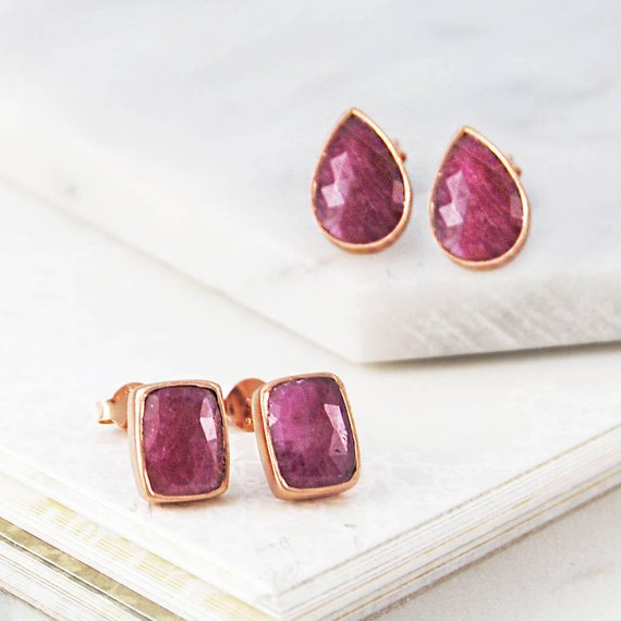 Rose Gold Ruby Earrings, Ruby Stud Earrings, Geometric Gemstone Earrings, Rose Gold Studs, Precious Gemstone Studs, Red Geometric Earrings
