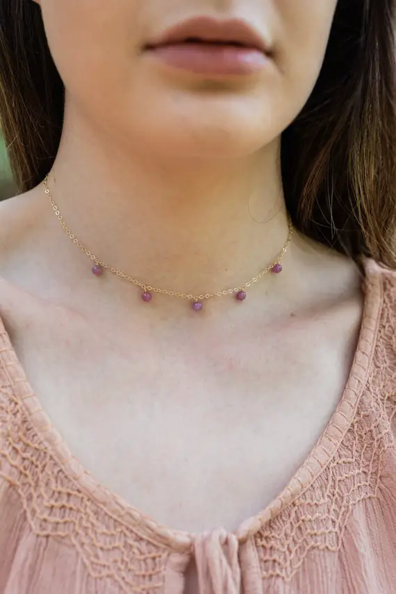 Ruby Bead Drop Choker Necklace In Gold, Silver, Rose Gold, Or Bronze. July Birthstone Necklace. Adjustable Length. Handmade To Order.