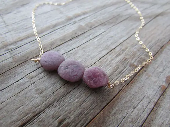 Raw Ruby Necklace, Unpolished, Rough Tumbled Gemstone And Gold Necklace