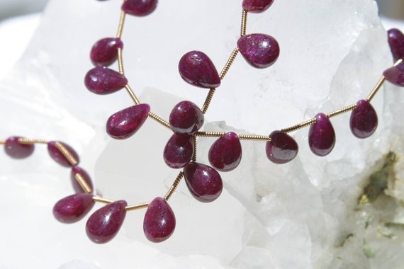 Natural Ruby Graduating Smooth Flat Drop Beads 10 In. Full Strand, 91cts Quality Natural Ruby, Corundum Beads, Smooth Briolette Drop Beads