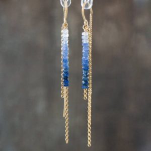 Blue Sapphire Earrings, Threader Earrings Gold & Silver, Genuine Sapphire Jewelry, September Birthstone Gifts for Her | Natural genuine Sapphire earrings. Buy crystal jewelry, handmade handcrafted artisan jewelry for women.  Unique handmade gift ideas. #jewelry #beadedearrings #beadedjewelry #gift #shopping #handmadejewelry #fashion #style #product #earrings #affiliate #ad