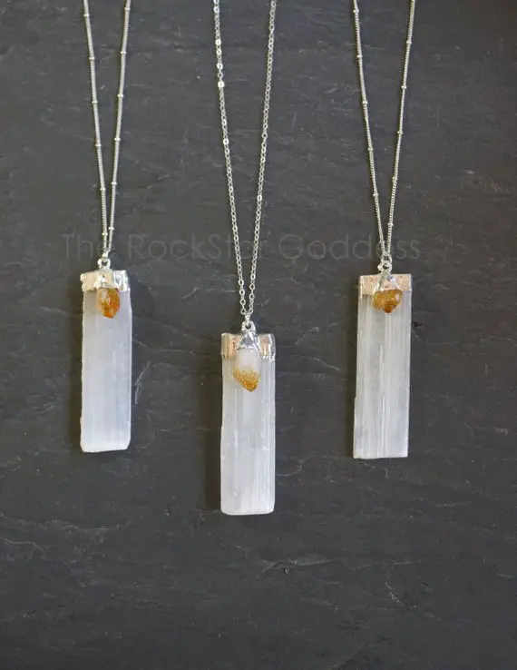 Selenite Necklace, Silver Selenite Necklace, Selenite Pendant, Citrine Necklace, Raw Selenite, Selenite Wand, Selenite Jewelry