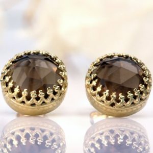 Brown Quartz Earrings · Gold Post Earrings · Small Earrings · Crown Earrings · Smoky Quartz Earrings · Gemstone Earrings | Natural genuine Gemstone jewelry. Buy crystal jewelry, handmade handcrafted artisan jewelry for women.  Unique handmade gift ideas. #jewelry #beadedjewelry #beadedjewelry #gift #shopping #handmadejewelry #fashion #style #product #jewelry #affiliate #ad