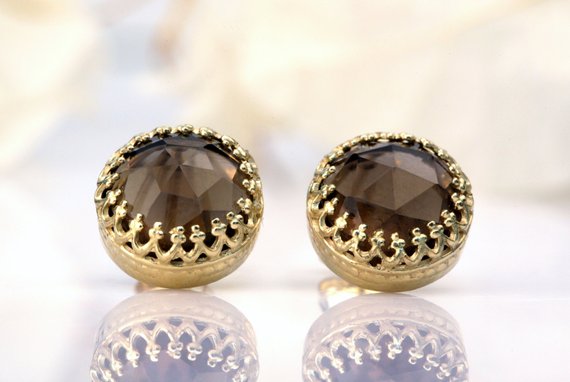 Brown Quartz Earrings · Gold Post Earrings · Small Earrings · Crown Earrings · Smoky Quartz Earrings · Gemstone Earrings