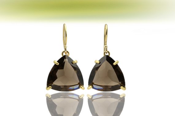 Gold Triangle Earrings · Gold Earrings · Smoky Quartz Earrings · Gemstone Earrings · Trillion Earrings · Semiprecious Earrings