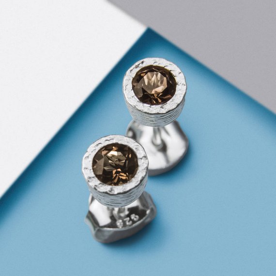 Sterling Silver Studs Smokey Quartz Studs Gemstone Earrings Round Gemstone Studs Textured Earrings Quartz Stud Earrings Silver Earrings