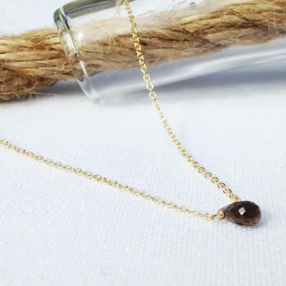 Smoky Quartz Necklace - Gold Smokey Quartz Necklace - Dainty Necklace - Tiny Gemstone - 14k Gold Filled - Brown Stone