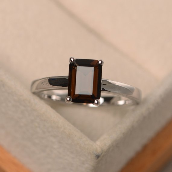 Natural Smoky Quartz Ring, Elegant Solitaire Ring,emerald Cut Brown Gemstone, Sterling Silver Ring