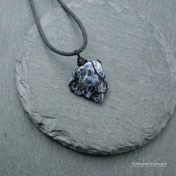 Sodalite Rough Raw Pendant, Blue Unisex Amulet Necklace, Emf Protection, Calming Gemstone, Sagittarius Stone, Gift For Him, Men Jewelry