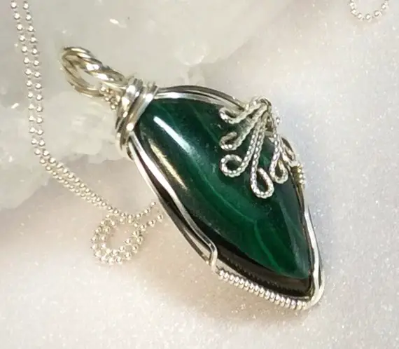 Handmade Malachite Pendant On 18” Sterling Silver Chain, Unique Green Gemstone Necklace, Statement Gift For Her.