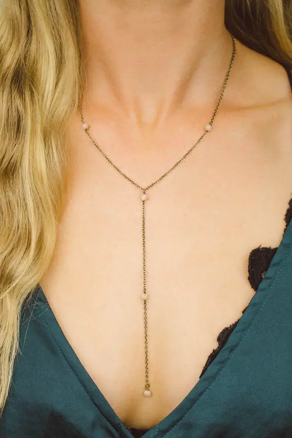 Sunstone Crystal Beaded Chain Lariat Necklace In Bronze, Silver, Gold Or Rose Gold. 16" Chain With 2" Adjustable Extender And 4" Drop