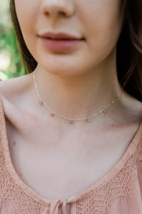Orange Sunstone Bead Drop Choker Necklace In Silver, Gold, Rose Gold, Or Bronze. Adjustable Length. Handmade To Order.