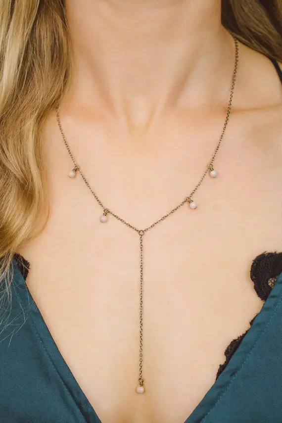 Orange Sunstone Boho Bead Drop Lariat Necklace In Bronze, Silver, Gold Or Rose Gold - 18" Chain With 2" Adjustable Extender And 3" Drop