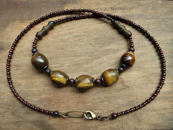 Rustic Tiger's Eye Necklace, Golden Brown And Dark Red Beaded Tigers Eye Stone Pebble Bohemian Jewelry
