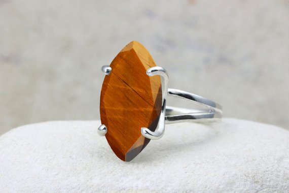 Tiger Eye Ring · Marquise Ring · Silver Ring · Cocktail Ring · Statement Ring · Large Ring · Wow Ring · Silver Prong Ring