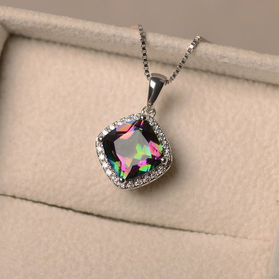 Mystic Topaz Pendent, Mystic Topaz Necklace, Cushion Cut, Sterling Silver, Halo, Rainbow Topaz Jewelry, Romantic Gift For Her