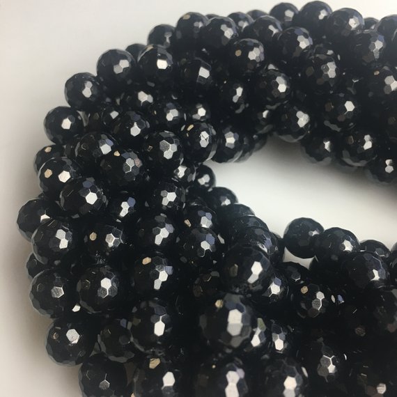 Black Tourmaline Faceted Round Beads 6mm 8mm 10mm 12mm 15.5" Strand