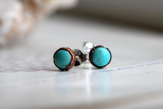 Turquoise Earrings - Natural Blue Stone Posts - Sterling Silver Studs - Electroformed Stone Earrings