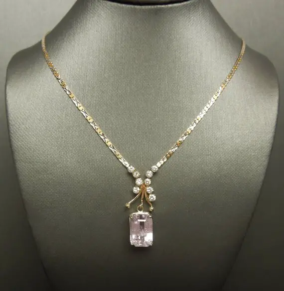 Vintage Estate C1980 14k Gold 7.66tcw Traditional Emerald Cut Pink Kunzite & Diamond Multi-tone Gold Chain Necklace 16"