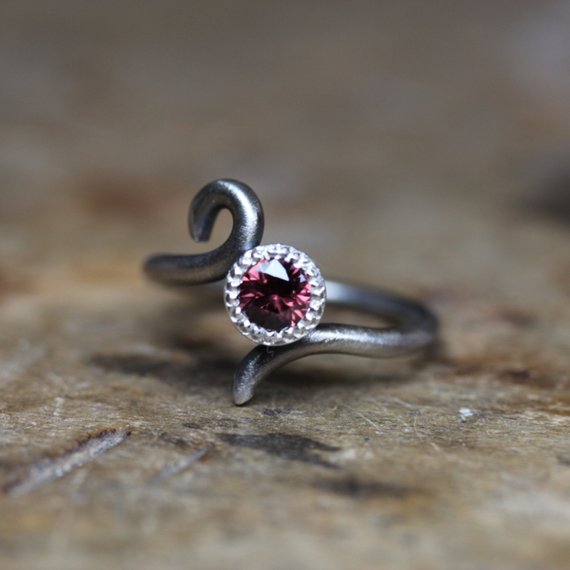 Romantic Wine Red Zircon Engagement Ring Dark Silver Antique Finish Simple Bridal Milgrain Scroll Band Maroon Gemstone Boho - Burgundy Drop