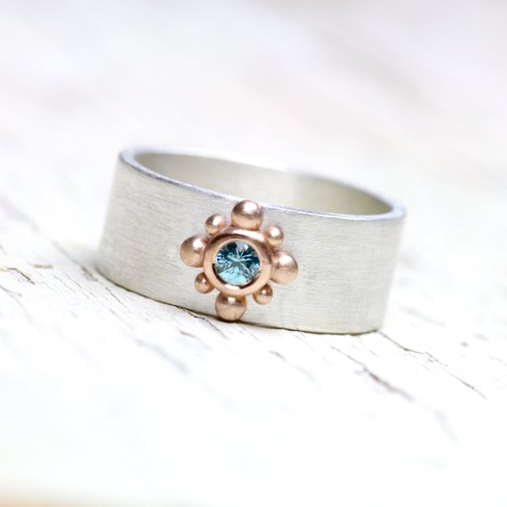 Wide Blue Zircon Wedding Band Ornamental 14k Rose Gold Detail Silver Unisex Modern Boho Floral Ice Rose Unique Pink Bridal Ring - Eisrose