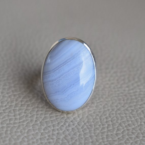 Natural Blue Lace Agate Ring-handmade Silver Ring-925 Sterling Silver Ring-oval Blue Lace Agate Ring-gift For Her-promise Ring