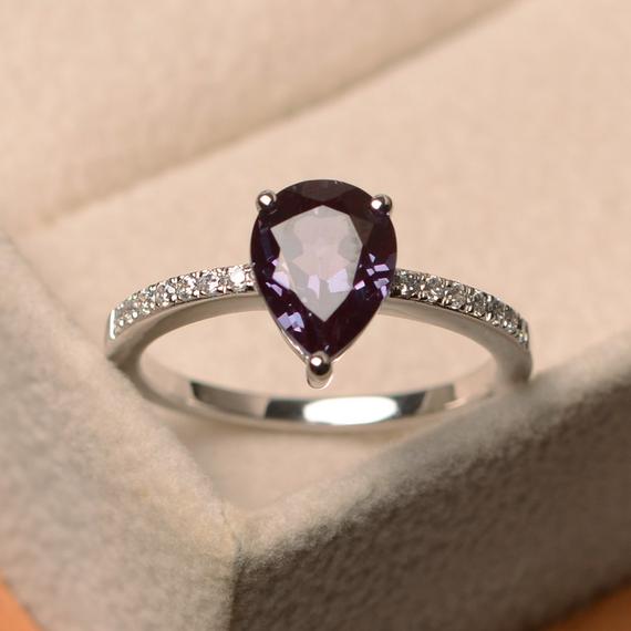 Alexandrite Ring Silver, Pear Cut Alexandrite , June Birthstone Gemstone Ring,sterling Silver Ring, Engagement Ring