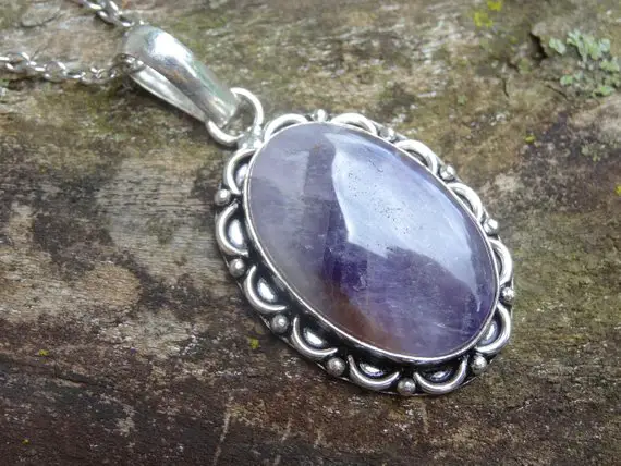 Natural Amethyst Sterling Silver Natural Stone Pendant Necklace - Sterling Silver 18" Rolo Chain - Natural Stone Necklace - Boho Chic