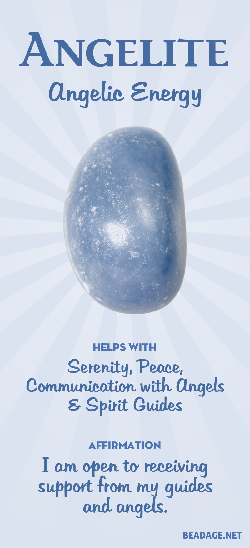 Angelite helps with communication with your angels and Spirit guides. It radiates serenity, helping you to shift into a peaceful state of mind. Learn more about Angelite meaning + healing properties, benefits & more. Visit to find gemstone meanings & info about crystal healing, stone powers, and chakra stones. Get some positive energy & vibes! #gemstones #crystals #crystalhealing #beadage