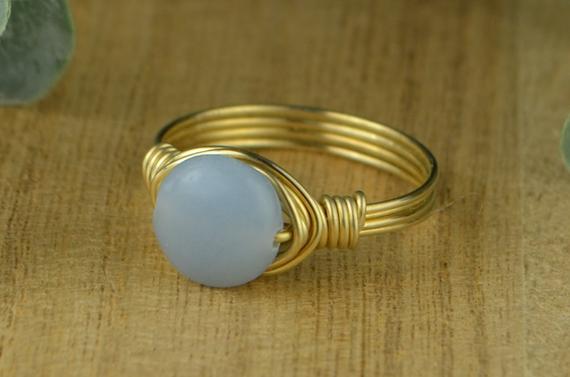 Angelite Wire Wrapped Ring - Sterling Silver Or Gold Filled - Smooth Round Gemstone - Choose Size 4-14