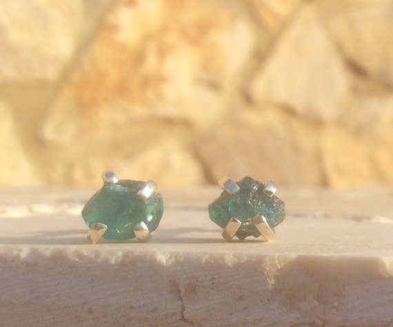Raw Stone Silver Claw Studs, Blue Apatite Silver Stud Earrings, Natural Gemstone Earrings