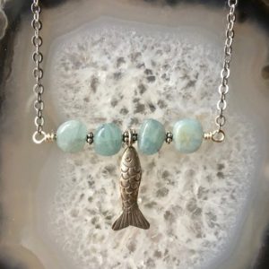Shop Aquamarine Necklaces! Aquamarine Necklace, Fish Necklace, Hill Tribe Silver Fish, Pisces Charm Necklace, Fish Charm Necklace, Charm Necklace, Boho Necklace | Natural genuine Aquamarine necklaces. Buy crystal jewelry, handmade handcrafted artisan jewelry for women.  Unique handmade gift ideas. #jewelry #beadednecklaces #beadedjewelry #gift #shopping #handmadejewelry #fashion #style #product #necklaces #affiliate #ad