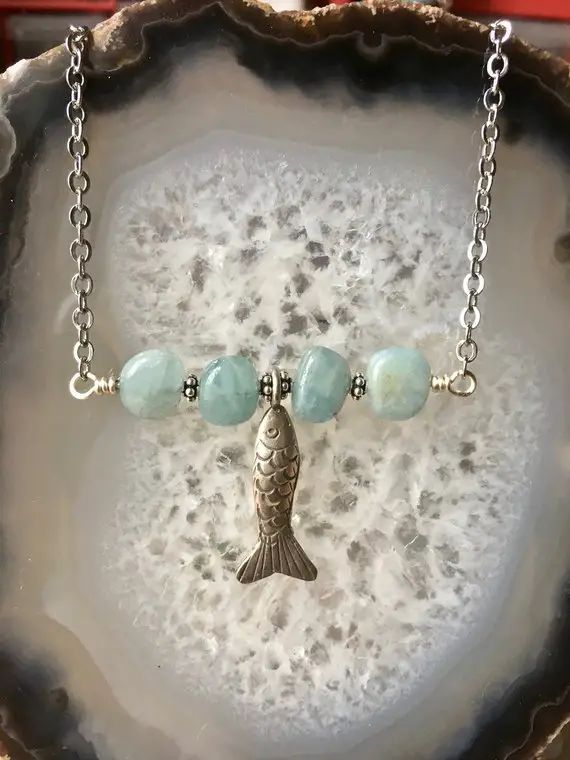 Aquamarine Necklace, Fish Necklace, Hill Tribe Silver Fish, Pisces Charm Necklace, Fish Charm Necklace, Charm Necklace, Boho Necklace