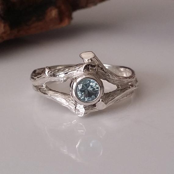 Twig Style Solitaire Ring, Blue Aquamarine Wedding Ring, Beautiful Alternative Wedding Ring, Branch, Nature, Tree Style By Dawn Vertrees