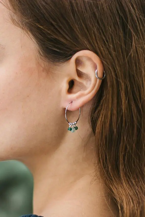 Green Aventurine Minimal Earrings. Minimalist Earrings. Rustic Boho Hoops. Small Boho Hoops. Thin Hoop Earrings. Aventurine Earrings.
